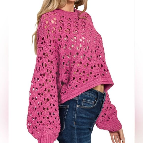 *Zenana Women's Casual Oversized Cropped Crochet Open Knit Sweater Pink Magenta - Picture 4 of 5